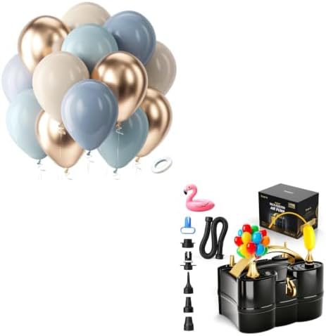 Bezente Dusty Blue Gold Balloons Kit 60pcs 12 inch Baby Blue Sand White Champagne Gold Helium Latex Balloons and Electric Balloon Pump Multiple by Bezente