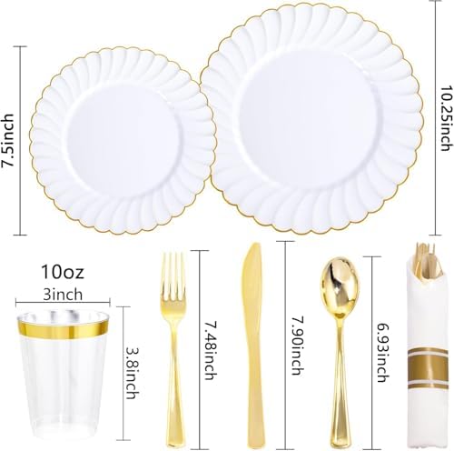 YOUBET 350PCS White and Gold Scalloped Plastic Plates for Wedding Party - Image 2