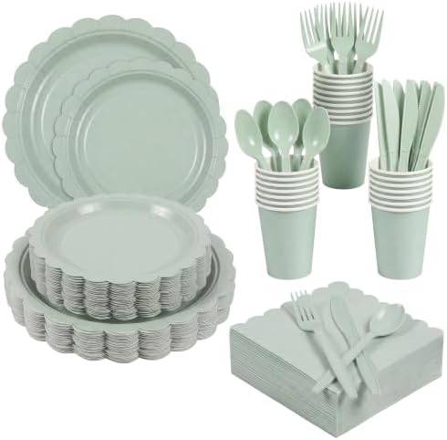 ArtSocket 350 Pack Disposable Party Tableware for 50 Guest, Sage Green by ArtSocket