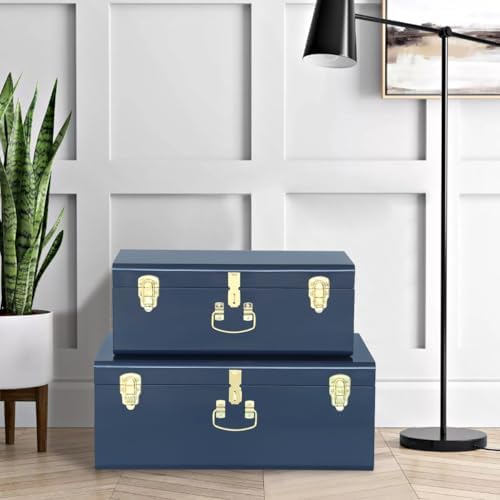 Vixdonos Decorative Large Metal Box Storage Trunk Chest Set of 2 College Dorm Organizer with Hardware Hasps and Handle for Home Deocr,23.7X14.2X9.5 Inches,Dark Blue - Image 4