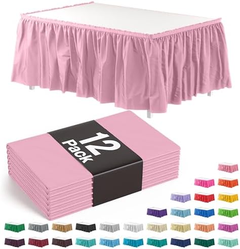 Exquisite Pink Table Skirt 12 Pack - Disposable Plastic Table Skirts for Rectangle Tables 6ft 8ft & Round Tables - 29in x 14ft Self-Adhesive Strip - Birthday Wedding Gender Reveal Decor by Exquisite