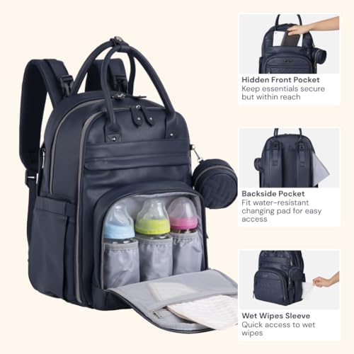 BabbleRoo Leather Diaper Bag Backpack - Baby Essentials Travel Baby Bag, Multi function, with Changing Pad, Stroller Straps & Pacifier Case – Unisex, Midnight Blue - Image 6