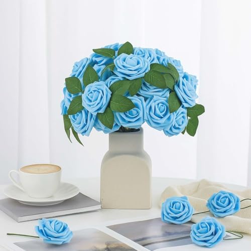 100 Pcs Artificial Foam Rose Flower Faux Bouquet Wedding Fake Rose Gift for Mother's Day Women DIY Bridal Shower Party Table Birthday Home Spring Decor (Light Blue) - Image 4