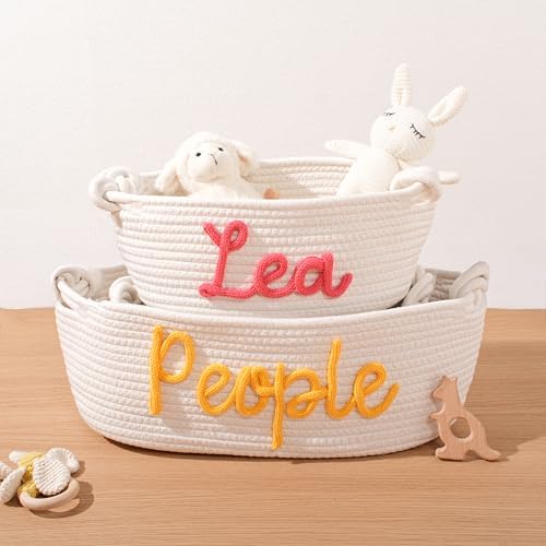 Personalized Handmade Baby Basket Gift - Hand Embroidered Name, Natural Rattan Storage Bin for Newborn Nursery, Baby Shower & Easter Present Organizing Toys Blankets - Image 3