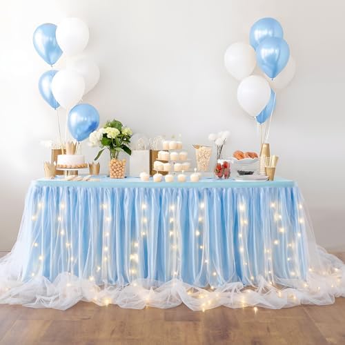 Leegleri Baby Blue Tulle Tutu Table Skirt With LED for Baby Shower, Wedding, Birthday Party - 14 ft for Rectangle or Round Tables - Image 5