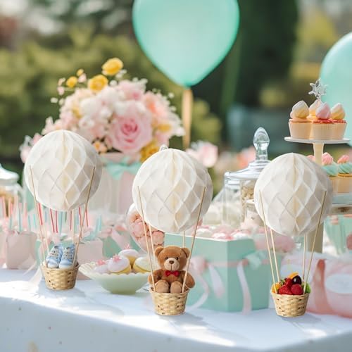 Wettarn 24 Pack Hot Air Balloon Baby Shower Table Centerpieces Party Decorations DIY Paper Lanterns Woven Baskets with Sticks for Gender Reveal Party Favor Birthday Wedding(White) - Image 5