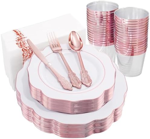 NOCCUR 175PCS Rose Gold Plastic Plates with Disposable Silverware - Include 25Dinner Plates, 25Dessert Plates, 25Forks, 25Knives, 25Spoons, 25Cups, 25Napkins for Party/Wedding/Birthday/Graduation by NOCCUR