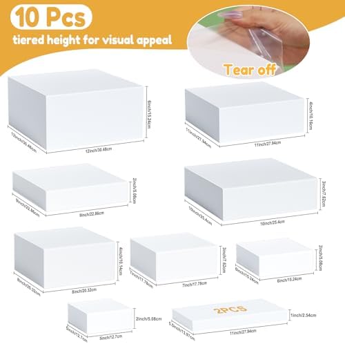 10 Pcs Large Acrylic Buffet Risers, White Food Display Stands for Buffet, Dessert Table, Jewelry, and Catering, Stackable Food Risers with Hollow Bottoms, Nesting Cube Box (12"-11"-10"-9"-8"-7"-6"-5") - Image 5