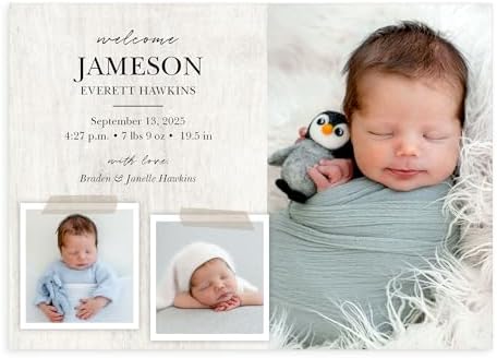 Let's Make Memories Personalized Baby Announcement Cards - Birth, Adoption - Boy, Girl - Premium Quality Custom Photo Cards for Mailing - 5x7 - Includes White Envelopes - Rustic Collage - 25 ct by LetsMakeMemories