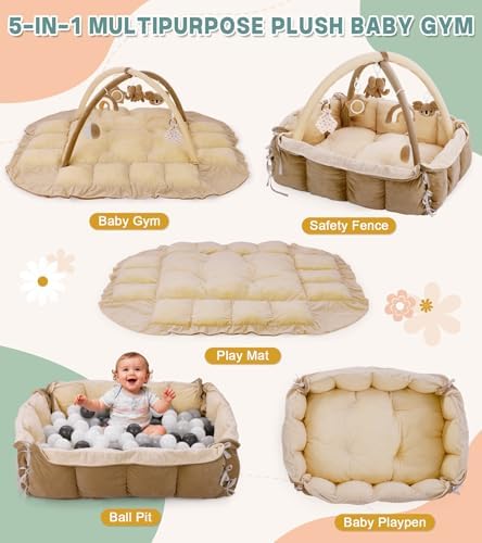 5-in-1 Baby Play Gym and Tummy Time Mat, 12 Learning Cards, Plush Activity Mat with 6 Toys, Baby Gym, Convertible to Ball Pit, Baby Gift, Brown - Image 2