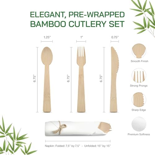 Prerolled Disposable Bamboo Cutlery Set – 50 Pack Pre Wrapped Silverware and Napkin Bundle with Forks, Knives, Spoons for Parties, Weddings, Events, and BBQ (Natural - Beige String) - Image 3