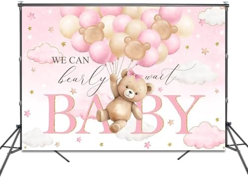 Bear Baby Shower Backdrop We Can Bearly Wait Party Decorations Background for Girl Bear Theme Baby Shower Banner Photo Booth Prop (Pink, 10x7ft) - Image 2