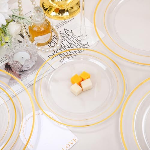 FLOWERCAT 100PCS Clear Plates with Gold Trim - Heavy Duty Clear and Gold Plastic Plate Disposable for Fall Party/Wedding Include 50PCS 10.25inch Dinner Plates - 50PCS 7.5inch Cake Plate - Image 4