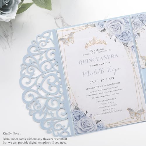 50pcs Blank Wedding Invitation Kit - Light Blue Laser Cut Invitation Pocket - Image 3