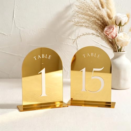 UNIQOOO Gold Mirror Arch Wedding Table Numbers with Stands 1-15, 5x7 Acrylic Display Signs and Holders, Pack of 15, Perfect for Centerpiece, Reception, Decoration, Party, Anniversary, Event by UNIQOOO