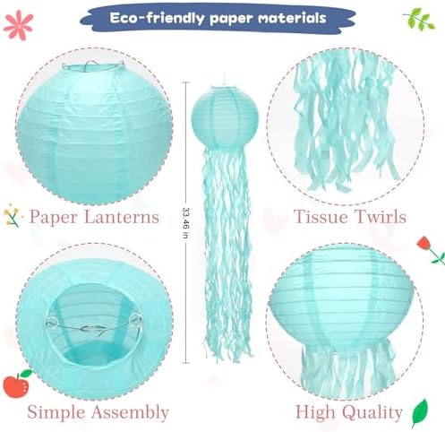 11" Blue Hanging Jellyfish Paper Lanterns Decor - Under The Sea Party & Mermaid Birthday Decorations, Baby Shower, Nautical Events, Ocean Birthday Party Decorations & Beach Room Decor (Set of 8) - Image 2