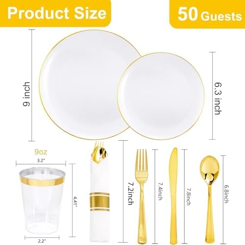 KIRE 350 PCS White and Gold Plates - Plastic Dinnerware Set for Wedding - Image 2