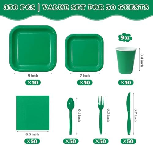 Vyntra 350 Pcs Green Square Paper Plates and Napkins Set, Serves 50 - Image 2
