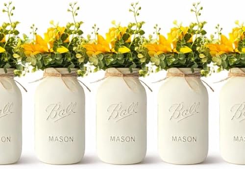 Sunflower Centerpieces for Tables | Set of 5 Table Centerpieces | Quart 32 oz Rustic Mason Jars, 10" Overall Height | Rustic Mason Jar Centerpieces with Sunflowers (Ivory - with Flowers Sunflowers) by VivasFlowerShop