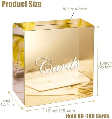 Large Gold Mirror Acrylic Wedding Card Box with Slot and Pen, 10x10x5 inch Wedding Receptions Wishing Well Money Box, DIY Card Box for Wedding, Party, Graduation, Bridal Shower, Birthday (Gold Mirror) - Image 2
