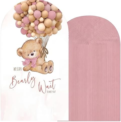 Tegeme 2 Pcs We Can Bearly Wait Backdrop Arch Covers Pink Teddy Bear Arch Covers Baby Shower Decorations 7.2 × 3.9 ft & 6.6 × 3.3 ft Stretchy Arched Wall Background for Baby Shower Party Decor Props by Tegeme