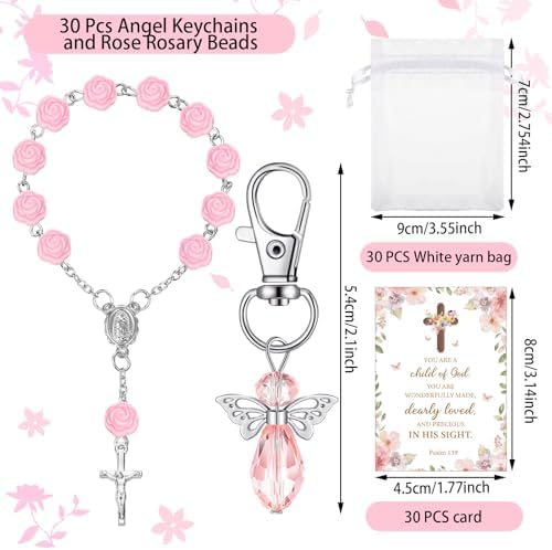 Hicarer 30 Set Baptism Favors Set Includes Angel Keychains Mini Rosary Cross Beads Favors Baptism Organza Bags with Cross Psalm Cards for Baby Shower Christian Party Supplies (Pink) - Image 2
