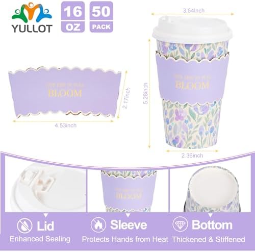 50 Pack Purple Watercolor Floral Disposable Coffee Cups with Lids & Sleeves, 16oz Premium To Go Paper Cups for Birthday, Wedding, Baby Shower, Bridal Shower, Brunch, Cafés & Party Supplies - Image 2