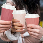 Whaline 100 Pcs Valentine's Day Pink Disposable Coffee Cups with Lids 12 Oz Gradient Pink Paper Cup Corrugated Ripple Wall Insulated Hot Cup for Home Office Party Supplies - Image 5