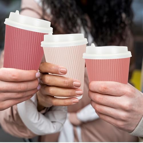 Whaline 100 Pcs Valentine's Day Pink Disposable Coffee Cups with Lids 12 Oz Gradient Pink Paper Cup Corrugated Ripple Wall Insulated Hot Cup for Home Office Party Supplies - Image 5