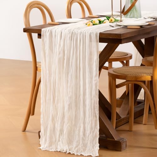 Ivory White Cheesecloth Table Runner Boho Wrinkled Gauze Table Runners - Image 3