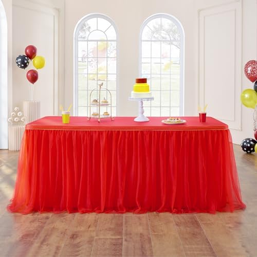 108inch Red Tulle Table Skirt for Rectangle Tables 4/6/8ft, 2-Layer Ruffle Tulle Tutu Red Cloth Table Desk Skirts 9ft for Chrismas Birthday Party Baby Shower Cake Dessert Tables(No Top Cover) by ENJOYYOURPARTY