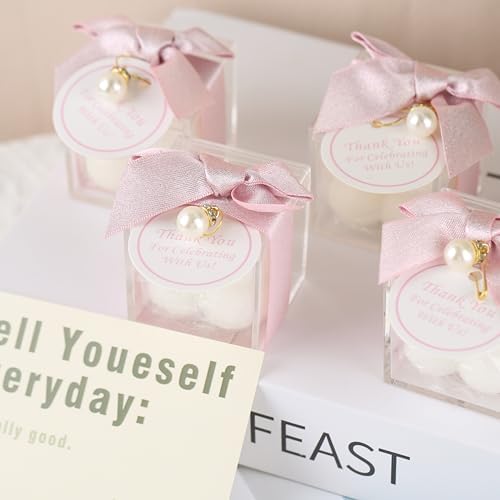 ACITHGL 30 Sets Small Bubble Candle Wedding Candles Favors for Guests Bulk Bridal Shower Favors Candles with Stylish Ribbons Thank You Cards Gifts (Shimmering Pink) - Image 3