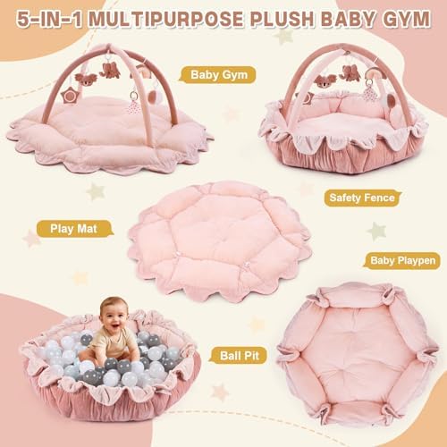 5-in-1 Baby Activity Gym & Play Mat with 6 Hanging Toys, Tummy Time Mat & Cards - Extra Large, Reversible Machine Washable Pad - Gift for Newborns, Infants 0-12 Months, Pink - Image 2