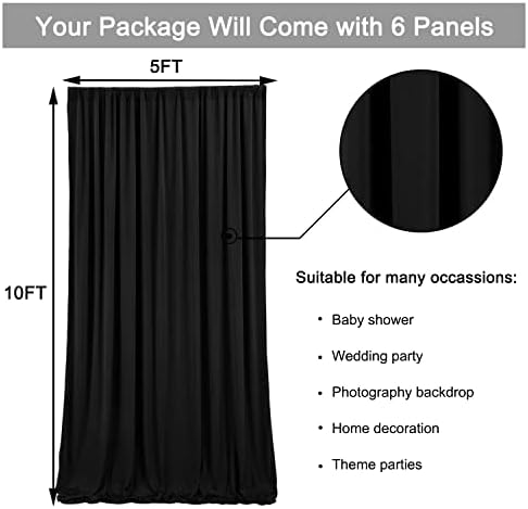 30ft x 10ft Wrinkle Free Black Backdrop Curtain for Parties, 6 Panels 5X10ft Polyester Black Photo Backdrop Drapes Back Drop Cloth for Birthday Wedding Party Photography Background - Image 6