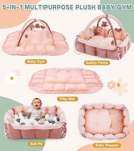 5-in-1 Baby Play Gym and Tummy Time Mat, 12 Learning Cards, Plush Activity Mat with 6 Toys, Baby Gym, Convertible to Ball Pit, Baby Gift, Pink - Image 2