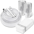 WELLIFE 210pcs Dinnerware Set - Silver Rimmed Plastic Plates Disposable Heavy Duty, Disposable Plastic Plates with Silver Rim, Water-proof, Break-proof, Best Choice for Any Party by WELLIFE