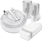 WELLIFE 210pcs Dinnerware Set - Silver Rimmed Plastic Plates Disposable Heavy Duty, Disposable Plastic Plates with Silver Rim, Water-proof, Break-proof, Best Choice for Any Party by WELLIFE
