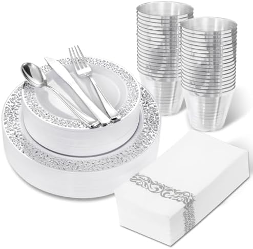 WELLIFE 210pcs Dinnerware Set - Silver Rimmed Plastic Plates Disposable Heavy Duty, Disposable Plastic Plates with Silver Rim, Water-proof, Break-proof, Best Choice for Any Party by WELLIFE
