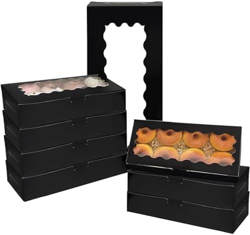 qiqee 50 Packs Black Cookie Box with Window 12x5.5x2.5 Inch Two Uses Pastry Biscuit Bakery Box For Packaging by Qiqee