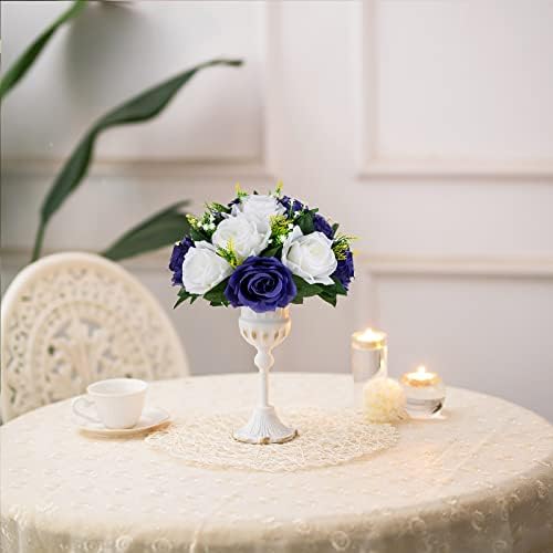 BLOSMON Navy Blue White Flowers for Centerpieces: 10 Pcs, Artificial Roses - Image 6