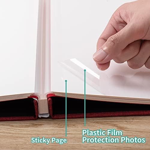 Large Photo Album Self Adhesive 4x6 5x7 6x8 8x10 Pictures Scrapbook Magnetic Album DIY Scrap Book 60 Sticky Pages Linen Cover DIY Photo Album with A Metallic Pen and DIY Accessories(Red) - Image 4