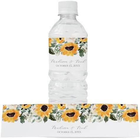 Personalized Water Bottle Labels with Choice of 30 Flower Styles - Choose Font and Pre-Made Phrases or Design Custom Text - LABELS ONLY (029 Sunflowers, 2 inch (8.5x2")) by ThePaperedWedding