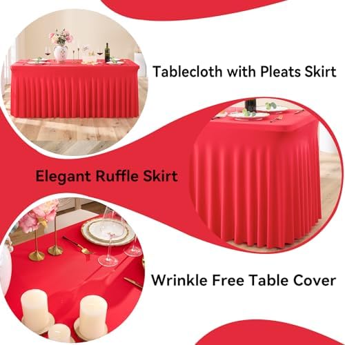 2 pk Red Spandex Tablecloth 6ft with Ruffle Skirt,Wrinkle Free High Stretchy Fitted Tablecloths for 6 Foot Rectangle Tables,Pleated Spandex Table Covers 6ft for Christmas Parties Banquet Weddings - Image 2