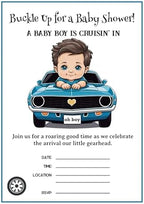 Classic Boy Blue Race Car Baby Shower Invitation Bundle: 20 Fill-In Invitations, Baby Book & Diaper Raffle Tickets - Image 2