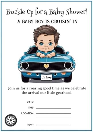 Classic Boy Blue Race Car Baby Shower Invitation Bundle: 20 Fill-In Invitations, Baby Book & Diaper Raffle Tickets - Image 2