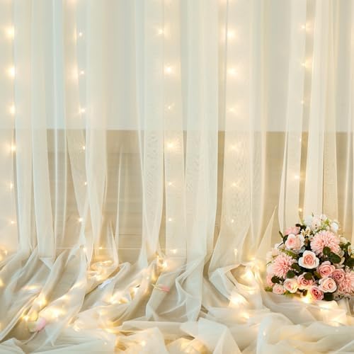 20ft x 10ft Ivory Tulle Photo Backdrop Curtain with Lights String for Parties Wedding Sheer Ivory Curtain Backdrop for Birthday Party Bridal Shower Photo Booth Photography Background Decorations - Image 7