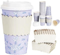 50 Pack 16oz Vintage Purple Floral Disposable Coffee Cups with Lids & Sleeves – Premium Paper for Mother's Day, Wedding, Birthday, Brunch, Cafés,Party Supplies by YULLOT