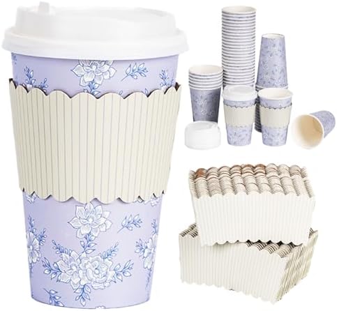 50 Pack 16oz Vintage Purple Floral Disposable Coffee Cups with Lids & Sleeves – Premium Paper for Mother's Day, Wedding, Birthday, Brunch, Cafés,Party Supplies by YULLOT