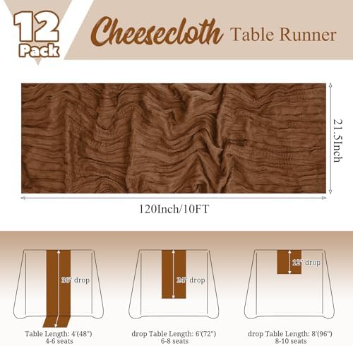 12 Pack Brown Table Runner 10Ft Cheesecloth Table Runner Rustic Gauze Table Runners Romantic Long Sheer Fabric Cheese Cloth Table Runners for Wedding Party Bridal Baby Shower - Image 2
