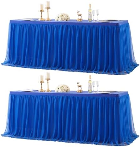 2 Pack 8ft Royal Blue Tulle Tablecloths for Rectangle Tables, 8 Foot Rectangular Table Cloth Wrinkle Free Tablecover with Tutu Skirt for Baby Shower Wedding Birthday Party Banquet Buffet Cake by Suppromo